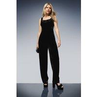 Dorothy Perkins Women's DP Luxe Pearl Embellished Square Neck Velvet Jumpsuit in Black | Size: 14
