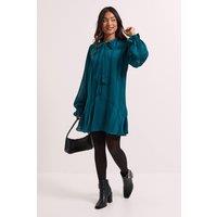 Dorothy Perkins Women's Petite Tie Neck Satin Burnout Tiered Smock Dress in Teal | Size: 8