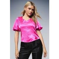 Dorothy Perkins Women's DP Luxe Puff Sleeve Satin Blouse in Pink | Size: 16