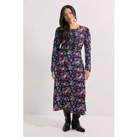 Dorothy Perkins Women's Black Floral Lace Detail Long Sleeve Printed Midi Dress | Size: 8