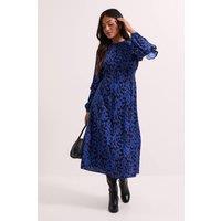 Dorothy Perkins Women's Petite Printed Ruffle Blouson Sleeve Empire Seam Midi Dress in Blue | Size: 8