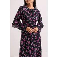 Dorothy Perkins Women's Petite Black Floral Ruffle Blouson Sleeve Empire Seam Midi Dress | Size: 8