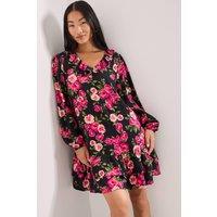 Dorothy Perkins Women's Petite Black Floral Collar Detail Blouson Sleeve Tiered Mini Dress | Size: 8