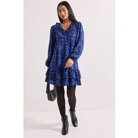 Dorothy Perkins Women's Petite Printed Collar Detail Blouson Sleeve Tiered Mini Dress in Blue | Size: 8