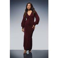 Dorothy Perkins Women's Petite DP Luxe Gathered Neck Split Front Sparkle Jersey Midaxi Dress in Berry | Size: 10