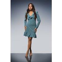 Dorothy Perkins Women's Petite DP Luxe Frill Front Sparkle Jersey Mini Dress in Light Blue | Size: 14