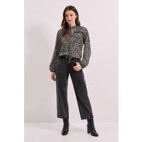 Dorothy Perkins Women's Mono Animal Tie Neck Detail Blouson Sleeve Jersey Top | Size: 12