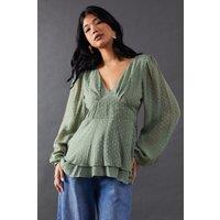 Warehouse Women's Plunge Neck Dobby Chiffon Double Layer Blouse in Khaki | Size: 10