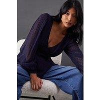 Warehouse Women's Plunge Neck Dobby Chiffon Double Layer Blouse in Navy | Size: 8
