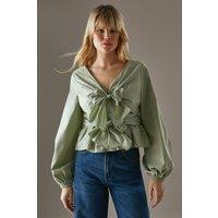 Warehouse Women's Poplin Tie Front Balloon Sleeve Blouse in Khaki | Size: 10