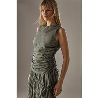 Warehouse Women's Taffeta Fitted Gathered Tie Hem Vest in Khaki | Size: 12