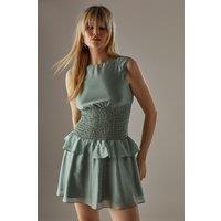 Warehouse Women's Organza Shirred Waist Sleeveless Mini Dress in True Blue | Size: 8