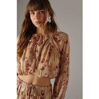 Warehouse Women's Shadow Stripe Cropped Bubble Hem Boho Blouse in Floral | Size: 14