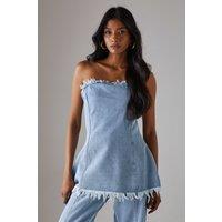 Warehouse Women's Fray Detail Denim Bandeau Top in Light Wash | Size: 12