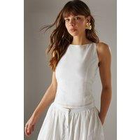Warehouse Women's Premium Linen Blend Racer Cross Back Crop Top in White | Size: 14