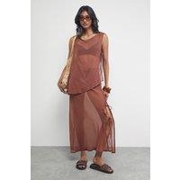 Warehouse Women's Chiffon Tie Side Column Midi Skirt in Chocolate | Size: 8