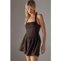 Warehouse Women's Premium Linen Blend Pintuck Halter Babydoll Playsuit in Espresso | Size: 10