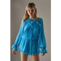 Warehouse Women's Marble Dobby Chiffon Ruffle Blouson Playsuit in Azure | Size: 10
