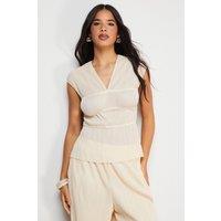 Warehouse Women's Plisse Seam Detail Asymmetric Hem Top in Cream | Size: 12
