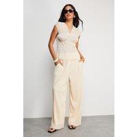 Warehouse Women's Plisse High Waisted Wide Leg Trousers in Cream | Size: 8