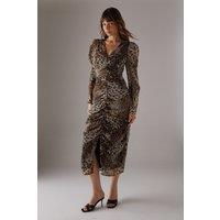 Warehouse Women's Animal Chiffon Ruched Plunge Button front Midi Dress | Size: 8
