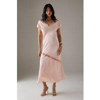 Warehouse Women's High Shine Satin Grown On Sleeve Lace Midi Tea Dress in Peach | Size: 10