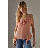 Warehouse Women's Chiffon Ruffle Tendril Hem Cami Top in Peach | Size: 14