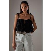 Warehouse Women's Bohemian Lace Strappy Cropped Cami Top in Black | Size: 12