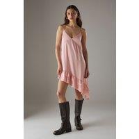 Warehouse Women's Satin Asymmetric Ruffle Mini Strappy Dress in Peach | Size: 12