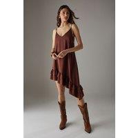 Warehouse Women's Satin Asymmetric Ruffle Mini Strappy Dress in Chocolate | Size: 12