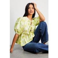 Warehouse Women's Print Poplin Tie Front Volume Sleeve Blouse in Lime | Size: 12