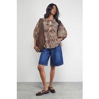 Warehouse Women's Print Poplin Tie Front Volume Sleeve Blouse in Animal | Size: 12