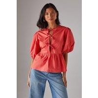 Warehouse Women's Poplin Tie Front Volume Sleeve Blouse in Coral | Size: 10