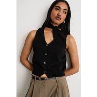 Warehouse Women's Tie Neck Knitted Vest in Black | Size: Medium