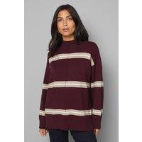 Wallis Women's Stripe Detail Funnel Neck Jumper in Burgundy | Size: Small
