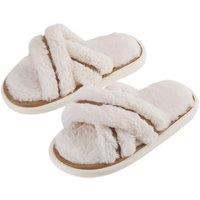 MODISHION Women's EVA Cross-Band Fluffy Open Toe Slippers Home Shoes in White | Size: 5-6