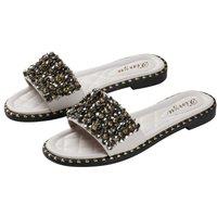 MODISHION Women's Stylish Slide Sandals With Sparkling Rhinestone Detailing in Beige | Size: 5