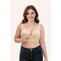 MODISHION Women's Front Button Underwired Bra with Lace Floral Pattern in Beige | Size: 40E/F/FF