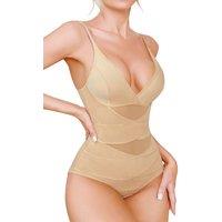 MODISHION Women's Deep V-Neck Cross Compression Shapewear in Beige | Size: 2XL