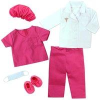 Teamson Kids Women's Sophia's 6-Piece Medical Uniform with Scrubs, Lab Jacket, Face Mask, Hair Cover & Booties for 18" Dolls, White/Hot Pink