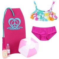 Teamson Kids Women's Sophia's Ruffle Bikini, Boogie Board, Beach Ball, Lotion & Water Bottle for 18" Dolls, Multi in Pink