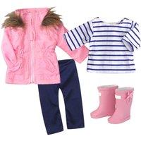 Teamson Kids Women's Sophia's Faux Fur Trimmed Parka, Leggings, T-Shirt, & Rain Boots for 18" Dolls, Navy/Pink/White in Blue