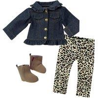 Teamson Kids Women's Sophia's Jean Jacket, Cheetah Print Leggings, & Brown Faux Suede Booties for 18" Dolls in Blue