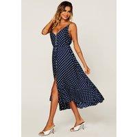 FS Collection Women's Button Down High Low Strappy Dress In Navy & White Polka Dot | Size: XS