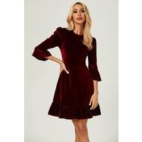FS Collection Women's Velvet Frill Detail Mini Dress In Wine | Size: Small