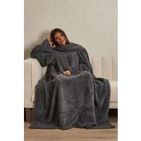 OHS Women's Teddy Fleece Blanket with Sleeves Wearable Throw in Charcoal