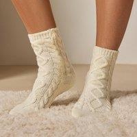 OHS Women's Cable Knit Non Slip Warm Slipper Lounge Socks in Cream