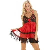 Camille Women's Sheer Mesh Babydoll With Thong in Red | Size: Medium/Large