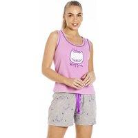 Camille Women's Cat Motif Short Cotton Pyjama Set in Lilac | Size: 16-18