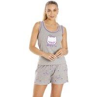 Camille Women's Cat Motif Short Cotton Pyjama Set in Grey | Size: 8-10